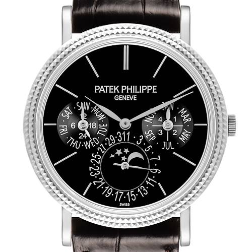 The Patek Philippe Complications 5139G Men's White Gold Black Dial watch is shown from a front angle, displaying its detailed dial and leather strap.