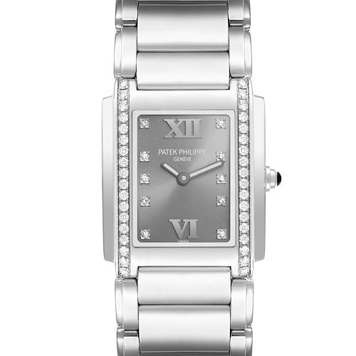 The image shows a frontal view of the Patek Philippe Twenty-4 4910/10A-010 Women's Stainless Steel Silver Dial watch, highlighting the gray dial and diamond-set bezel.