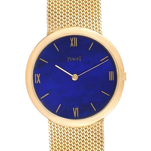 The image shows a frontal view of the Piaget 902B11 Men's Yellow Gold Blue Dial 902B11 Men's Yellow Gold Blue Dial 902B11 model, an 18k yellow gold vintage men's watch with a lapis lazuli dial.