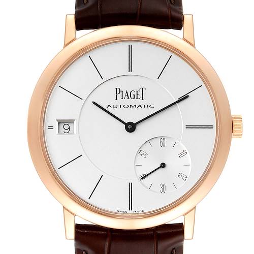 This image shows a front view of the Piaget G0A38131 Men's Rose Gold Silver Dial G0A38131 Men's Rose Gold Silver Dial Altiplano 18K Rose Gold Ultra-Thin Automatic Mens Watch, model GOA38131.