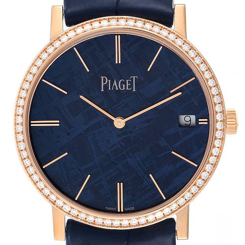 The Piaget G0A44052 Men's Rose Gold Blue Dial G0A44052 Men's Rose Gold Blue Dial Altiplano Rose Gold Ultra-Thin Limited 300 Meteorite Diamond Mens Watch GOA44052 is shown from the front.