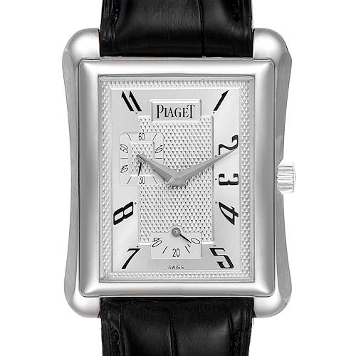 The image shows a front view of the Piaget 12978 Men's White Gold Silver Dial 12978 Men's White Gold Silver Dial Black Tie Emperador Coussin 18K White Gold Men's Watch 18900, focusing on its face and strap.