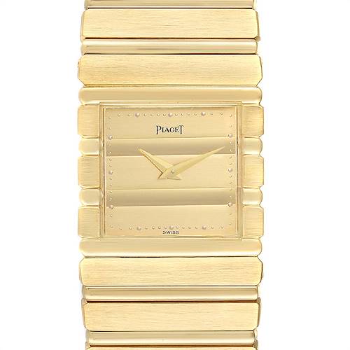This image shows a front view of the Piaget 7131 C 701 Men's Yellow Gold Champagne Dial 7131 C 701 Men's Yellow Gold Champagne Dial Polo 18K Yellow Gold Mens Watch 7131, focusing on its rectangular face and linked bracelet.