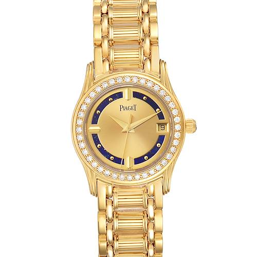 The Piaget 22005 Women's Yellow Gold Champagne Dial 22005 Women's Yellow Gold Champagne Dial Polo Yellow Gold Lapis Lazuli Dial Diamond Ladies Watch 22005 is shown from a front angle, displaying its dial, bezel, and bracelet.