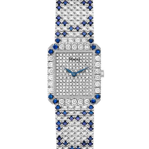 The image shows a front view of the Piaget 83541 C630 Women's White Gold Silver Dial 83541 C630 Women's White Gold Silver Dial Protocole Exceptional White Gold Pave Diamond Sapphire Ladies Watch model 83541.