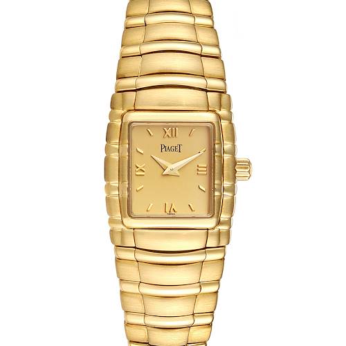 The image shows a full front view of the Piaget M411 Women's Yellow Gold Champagne Dial M411 Women's Yellow Gold Champagne Dial Tanagra 18K Yellow Gold Mechanical Ladies Watch M411 model, including the dial, case, and bracelet.