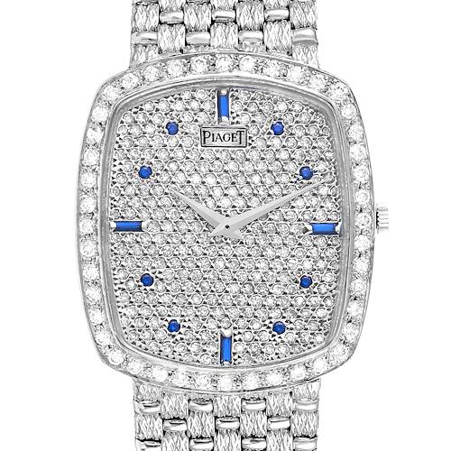 The image shows a frontal view of the Piaget 9741 D23 Men's White Gold  9741 D23 Men's White Gold  9741 White Gold Pave Diamond Sapphire Dial Vintage Unisex Watch, displaying the face and part of the strap.