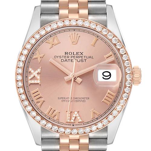 The watch is a Rolex Datejust 126281 Men's Steel and Gold (two tone) Pink Dial model shown from the front, displaying its face, diamond bezel, Roman numerals, and part of the bracelet.