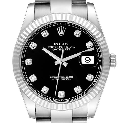 The image shows a front view of the Rolex Datejust 41 126334 Men's Stainless Steel Black Dial 126334 Men's Stainless Steel Black Dial watch face, including its dial, bezel, crown, and part of the bracelet.