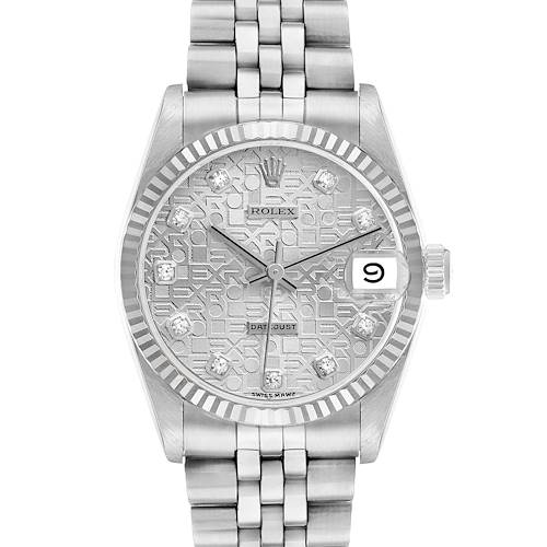 The Rolex Mid-Size 68274 Women's Stainless Steel Silver Dial watch is shown from the front, displaying the dial, bezel, crown, and part of the bracelet.
