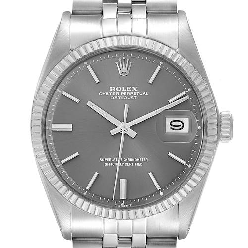The Rolex Datejust 1601 Men's Stainless Steel Grey Dial watch is shown from the front, highlighting the dial, bezel, hands, bracelet, and date window.
