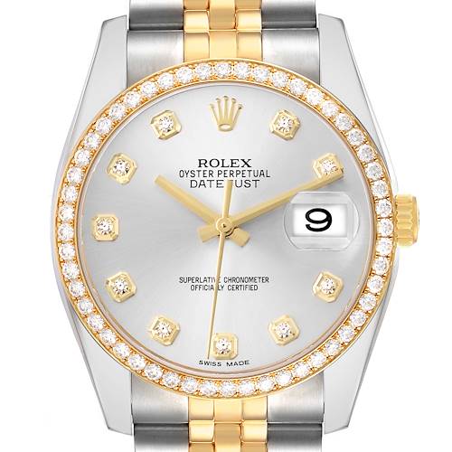 The Rolex Datejust 116243 Men's Steel and Gold (two tone) Silver Dial watch is shown from the front, highlighting its dial, diamond bezel, and part of the bracelet.