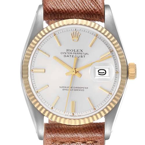 The Rolex Datejust model 1601 men's watch is shown from a front angle, displaying the watch face, fluted bezel, crown, and brown leather strap.