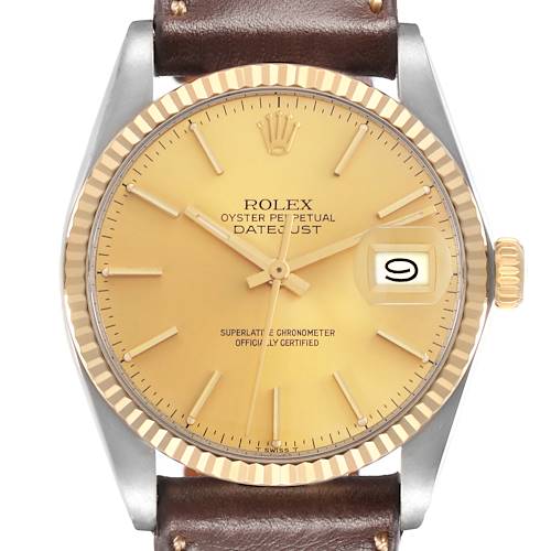 The Rolex Datejust model 1601 is shown from the front, highlighting the gold dial, fluted bezel, date window, and brown leather strap.