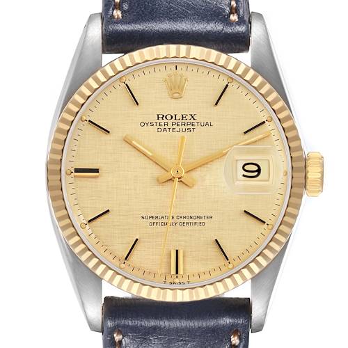 The image shows a frontal view of the Rolex Datejust model 16013 men's watch, highlighting the dial, fluted bezel, crown, and part of the strap.