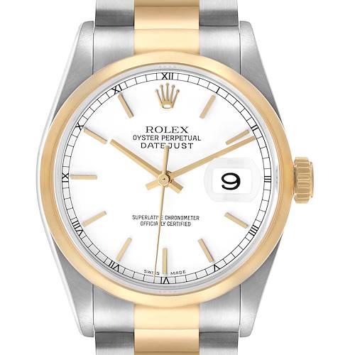 The Rolex Datejust 16203 Men's Steel and Gold (two tone) White Dial watch is shown from a direct front angle, highlighting the dial, bezel, and part of the bracelet.