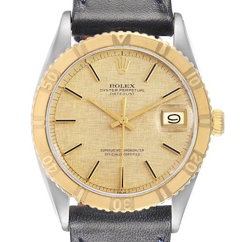 The Rolex Turn-o-Graph 1625 Men's Steel and Gold (two tone) Champagne Dial watch is shown at a front angle, displaying its dial, bezel, and part of the strap.