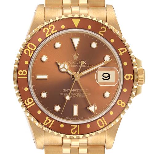 The Rolex GMT-Master 16718 Men's Yellow Gold Brown Dial watch is shown from the front, displaying its dial, bezel, and part of the bracelet.