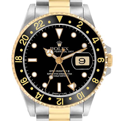 The Rolex GMT-Master 16713 Men's Steel and Gold (two tone) Black Dial watch is shown from a front view, highlighting the bezel, dial, and part of the bracelet.