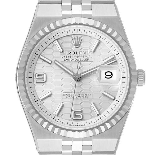 The Rolex Land-Dweller watch is shown from a front angle, displaying the dial, bezel, and bracelet prominently.