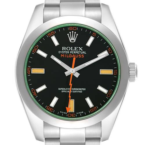 The image shows a front view of the Rolex Milgauss model 116400GV watch, highlighting its dial, hands, and partial bracelet.