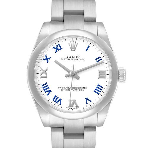 The Rolex Mid-Size 177200 Women's Stainless Steel White Dial watch is shown from a frontal angle, displaying the face, bezel, crown, and part of the bracelet.
