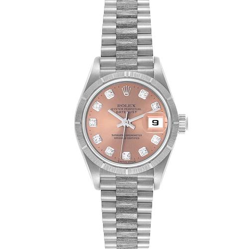 The Rolex President 69278 Women's White Gold Pink Dial 69278 Women's White Gold Pink Dial watch is shown from a front angle, displaying its face, bracelet, and date feature.