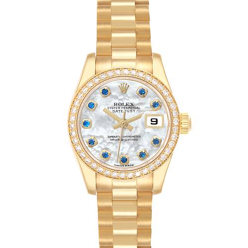 The Rolex President 179138 Women's Yellow Gold Mother of Pearl Dial model is shown from a front angle, highlighting the dial, bezel, crown, and bracelet.