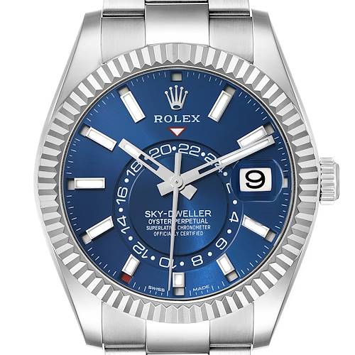 The Rolex Sky-Dweller 326934 Men's Stainless Steel Blue Dial watch is shown from the front, displaying its blue dial, fluted bezel, and the date window.