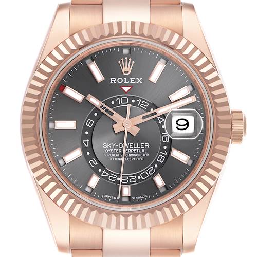 The Rolex Sky-Dweller 336935 Men's Rose Gold Grey Dial watch is shown from a front angle, highlighting the dial, bezel, and part of the bracelet.