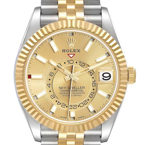 The Rolex Sky-Dweller 3269333 Men's Steel and Gold (two tone) Champagne Dial is shown from the front, displaying its gold dial, bezel, and part of the two-tone bracelet.
