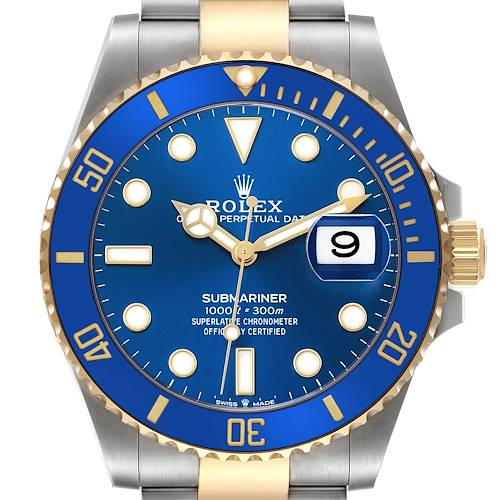 The Rolex Submariner 126613 Men's Steel and Gold (two tone) Blue Dial watch is shown from the front, highlighting the blue dial, bezel, hands, date, and part of the bracelet.