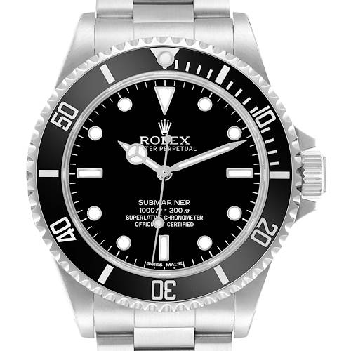 The image shows a front view of the Rolex Submariner model 14060 men's watch, highlighting the dial, bezel, and part of the bracelet.