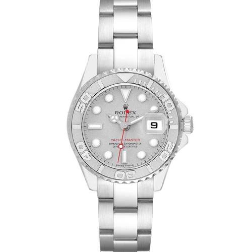The Rolex Yacht-Master 169622 Women's Stainless Steel Silver Dial watch is shown from a straight-on angle displaying its face, bezel, bracelet, and date feature.