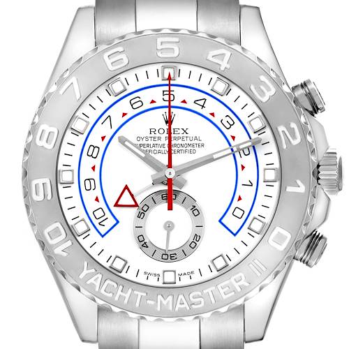 The image shows a front view of the Rolex Yacht-Master 116689 Men's Platinum White Dial 116689 Men's Platinum White Dial, highlighting the bezel, dial, and crown on the side.