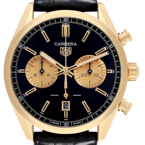 The Tag Heuer Carrera CBN2044.FC8313 Men's Yellow Gold Black Dial CBN2044.FC8313 Men's Yellow Gold Black Dial watch is shown from a front angle, displaying the dial, hands, subdials, and crown.