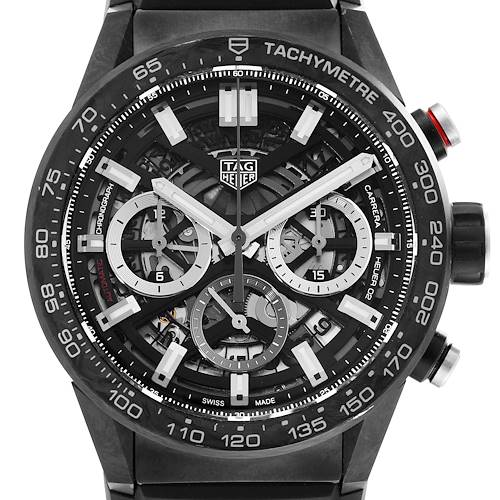 The image shows a front-facing view of a Tag Heuer Carrera CBG2016.FT6143 Men's Stainless Steel Black Dial CBG2016.FT6143 Men's Stainless Steel Black Dial watch, highlighting its dial, tachymeter, and chronograph sub-dials.