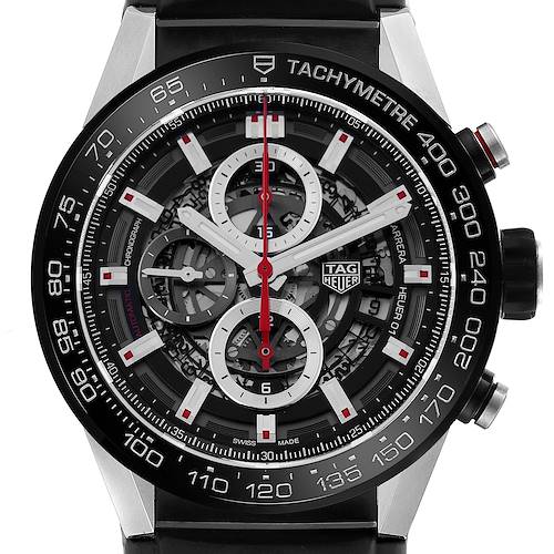 The Tag Heuer Carrera CAR2A1Z Men's Stainless Steel Black Dial CAR2A1Z Men's Stainless Steel Black Dial watch is shown from the front, highlighting the dial, tachymeter, and chronograph sub-dials.