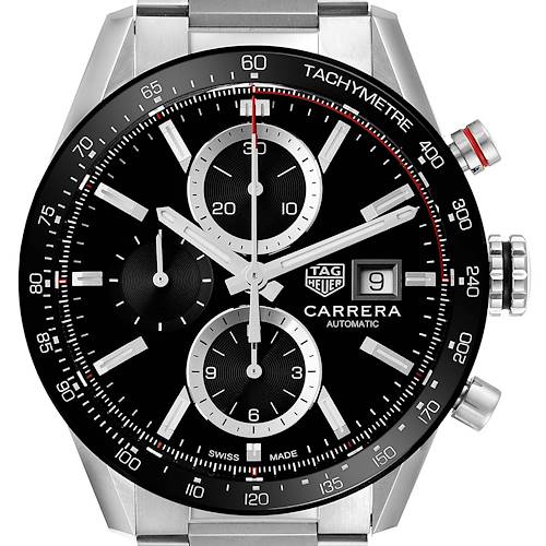 The image shows a frontal view of a Tag Heuer Carrera CBM2110 Men's Stainless Steel Black Dial CBM2110 Men's Stainless Steel Black Dial watch featuring the dial, chronograph subdials, tachymeter bezel, and date window.