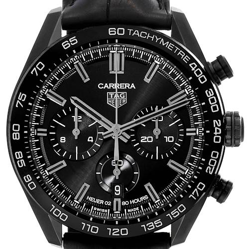 The image shows a frontal view of a Tag Heuer Carrera CBN2A1G.FC6501 Men's Stainless Steel Black Dial CBN2A1G.FC6501 Men's Stainless Steel Black Dial watch displaying the dial, bezel, and chronograph sub-dials.