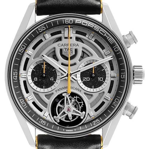 The image shows a close-up, front view of a Tag Heuer Limited Edition CBS5012.FC6571 Men's Stainless Steel Silver Dial CBS5012.FC6571 Men's Stainless Steel Silver Dial Carrera Porsche watch, highlighting its intricate dial.