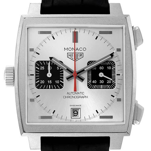 The image shows a front view of the Tag Heuer Monaco CAW218B.FC6496 Men's Titanium Silver Dial watch, highlighting its square face, sub-dials, and crown.