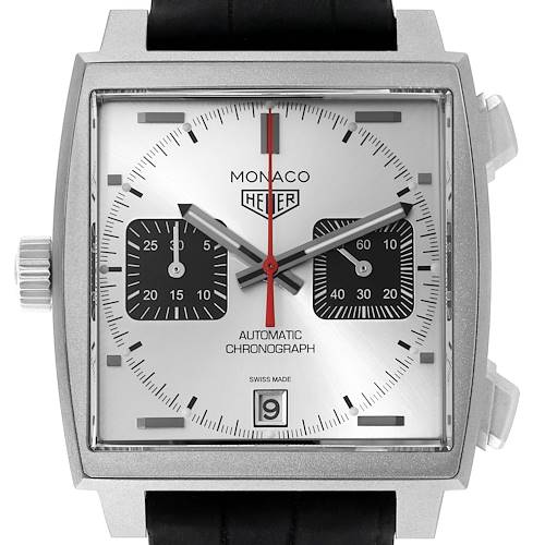 The image shows a front view of the Tag Heuer Monaco CAW218B.FC6496 Men's Titanium Silver Dial CAW218B.FC6496 Men's Titanium Silver Dial model watch, displaying the dial, hands, and subdials.
