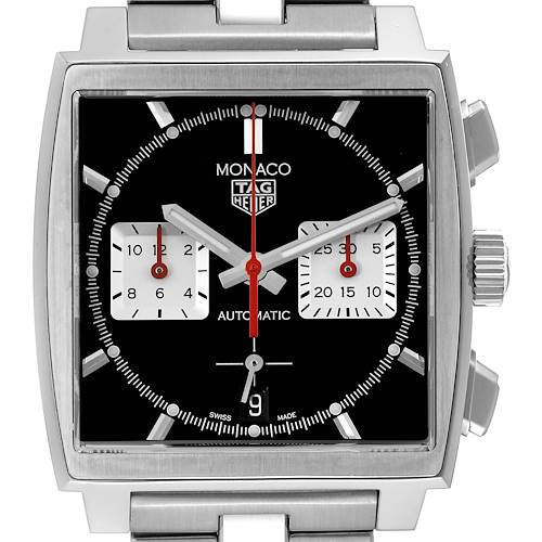 The image shows a frontal view of the Tag Heuer Monaco CBL2113 Men's Stainless Steel Black Dial CBL2113 Men's Stainless Steel Black Dial watch, highlighting its square dial, chronograph sub-dials, and stainless steel case.