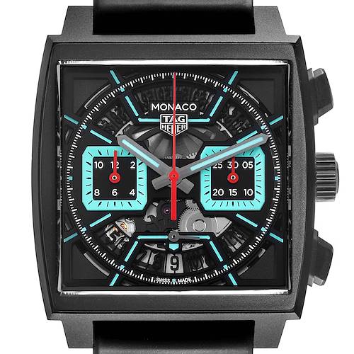 The image shows a front view of the Tag Heuer Monaco CBL2184.FT6236 Men's Titanium Transparent Dial CBL2184.FT6236 Men's Titanium Transparent Dial watch, highlighting its square dial and intricate chronograph features.