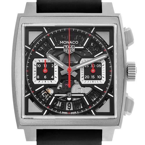 The Tag Heuer Monaco CBL2183.FT6236 Men's Titanium Black Dial CBL2183.FT6236 Men's Titanium Black Dial watch is shown from a front angle, displaying its face, subdials, and crown.