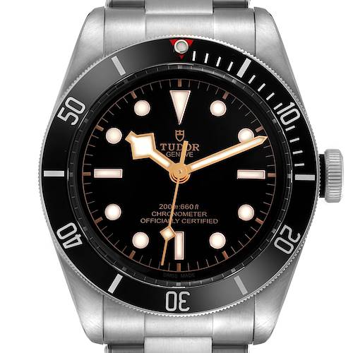 The Tudor Heritage Black Bay M79230N-0002 Men's Stainless Steel Black Dial M79230N-0002 Men's Stainless Steel Black Dial watch is shown from the front, highlighting the dial, bezel, and part of the bracelet.