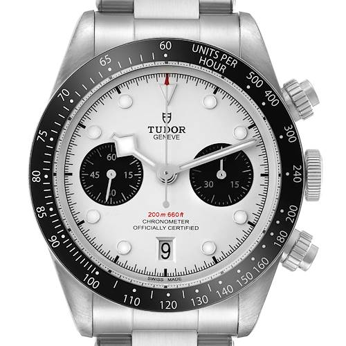 The Tudor Heritage Black Bay 79360 Men's Stainless Steel Silver Dial watch is shown from the front, highlighting the dial, bezel, subdials, and crown.
