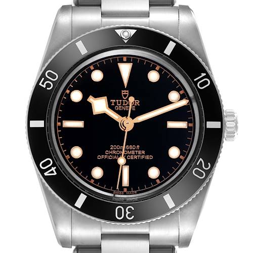 The Tudor Heritage Black Bay 79000N-0001 Men's Stainless Steel Black Dial 79000N-0001 Men's Stainless Steel Black Dial watch is shown from a direct front view, highlighting the dial, bezel, and bracelet.