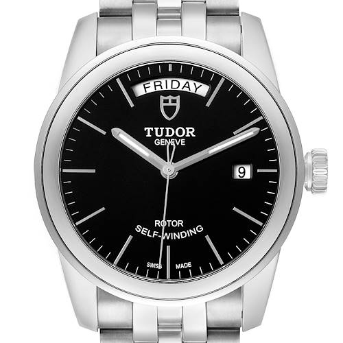 The Tudor Glamour 56000 Men's Stainless Steel Black Dial model watch is shown from the front, displaying the dial, hands, crown, and part of the bracelet.